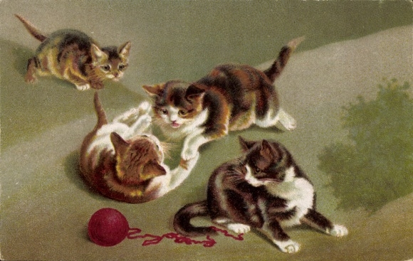 Postcard Four kittens playing, red ball of wool