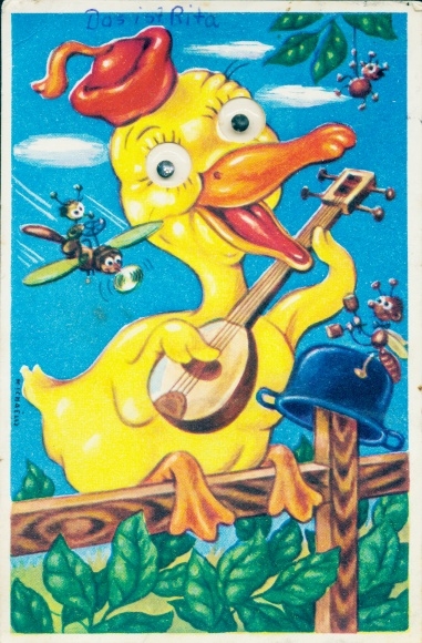 Postcard Humanized animals making music, chicks, bees, spiders