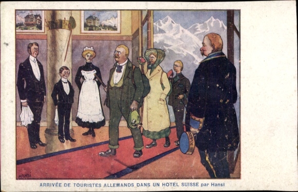 Künstler Ak Hansi, Arrivée de touristes Allemands dans un Hotel Suisse