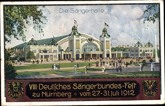 Postal stationery PC Nuremberg in Middle Franconia Bavaria, 8th German Singers&#39; Association Festival 1912, Singers&#39; Hall