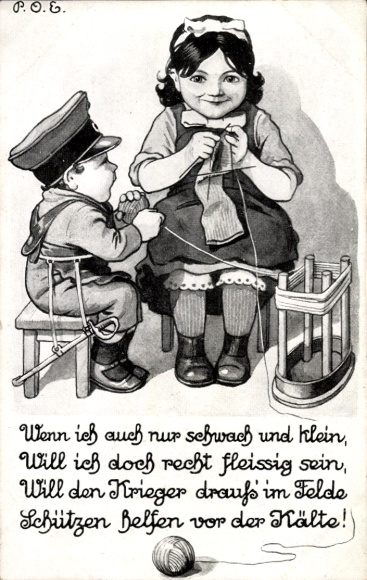 Artist Postcard Engelhard, POE, child soldier, knitting