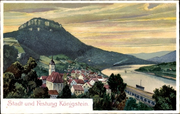 Künstler Ak Königstein an der Elbe Sächsische Schweiz, Stadt und Festung