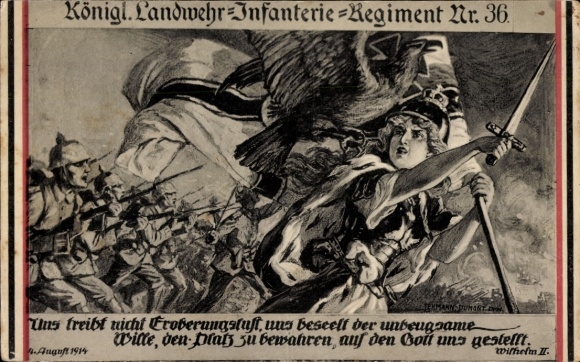 Künstler Ak Königl. Landwehr-Infanterie-Regiment Nr. 36, Zitat Wilhelm II, Germania