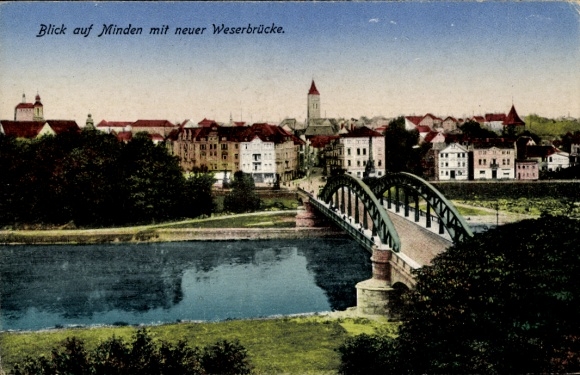 Ak Minden in Westfalen, Blick auf die neue Weserbrücke, Stadtansicht mit Häusern, Wasserlauf