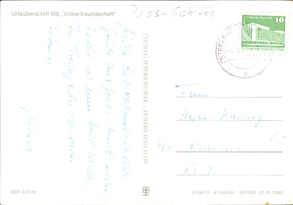 Postcard FDGB holiday ship MS Völkerfreundschaft
