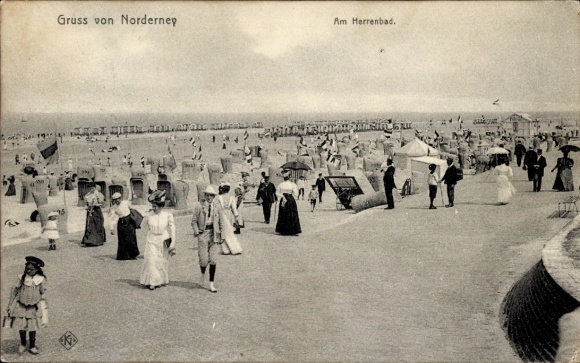 Postcard North Sea resort Norderney East Frisia, beach promenade, many people, beach chairs, parasols