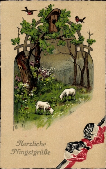 PC Congratulations Pentecost, lambs, birdhouse, ribbon