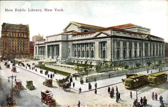 Postcard New York City USA, New Public Library, Streetcars