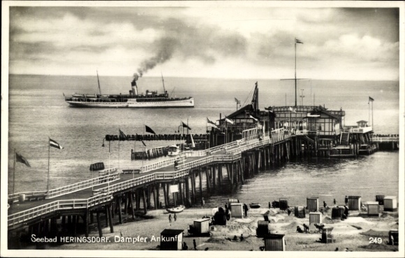 Postcard Ostseebad Heringsdorf on Usedom, seaside resort steamer arrival, pier, steamer