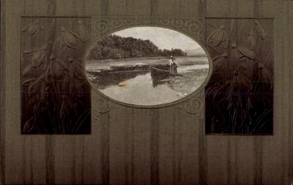 Embossed Passepartout Postcard Rowing Boat, Flowers