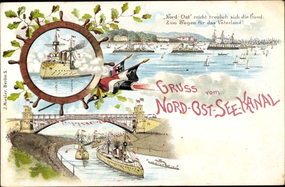 Chromo-Litho Kiel, Kaiser Wilhelm Kanal, flags, gun salute, German warships