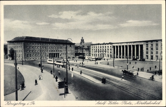 Ak Kaliningrad Königsberg Ostpreußen, Adolf Hitler Platz, Nordbahnhof, Straßenbahn