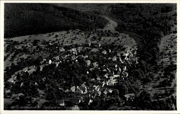 Postcard Karlsruhe in Baden, aerial view of many houses, river landscape, forest