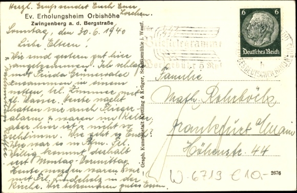 Postcard Zwingenberg on the Bergstrasse South Hesse, Orbishöhe recreation home, south side