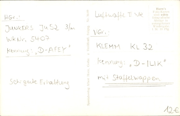 Postcard German Air Force, Junkers Ju 52 3/m D-AFEY, Klemm Kl 32 D-ILIK with squadron coat of arms