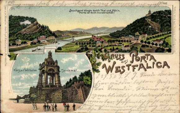 Ansichtkaart Porta Westfalica aan de Wezer, Kaiser-Wilhelm-Gedenkteken, prachtig landschap, groeten uit Porta West