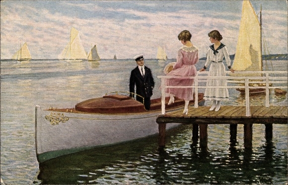 Artist Postcard Fischer, Paul, water party, man in motorboat, two women on the jetty
