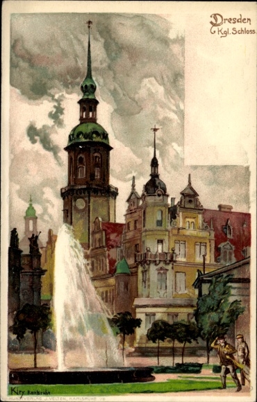 Artist Postcard Kley, Heinrich, Dresden Old Town, Royal Castle, Fontaine