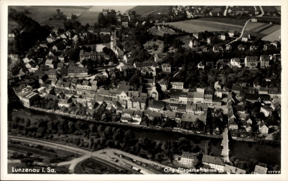 Postcard Lunzenau in Saxony, aerial view of architecture, river, rural surroundings