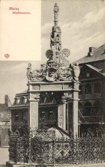 Postcard Mainz am Rhein, Martibrunnen, fountain with figures, decorative elements