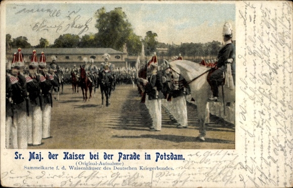 Postcard Potsdam, Kaiser Wilhelm II at the parade, orphanages of the German War Veterans Association