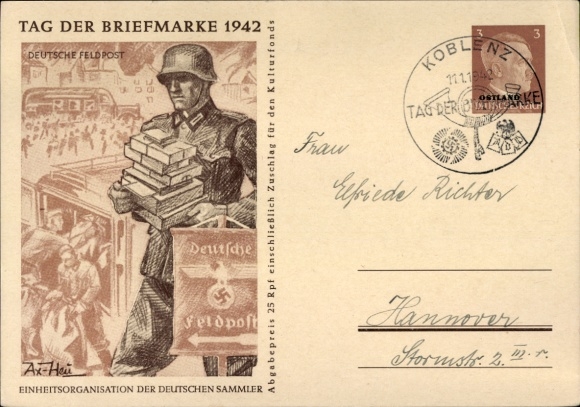 Postal stationery artist Postcard Axster Heudtlaß, Stamp Day 1942, German Field Post