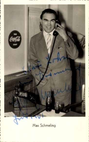 Postcard Max Schmeling, boxing world champion, Coca Cola advertising, telephone, autograph