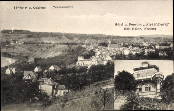 Postcard Urbar am Rhein near Koblenz, general view, Hotel Pension Rheinberg, owner Heinr. Wissing