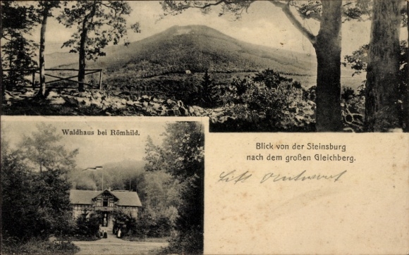 KP Römhild w Turyngii, widok ze Steinsburga na duży Gleichen, Waldhaus