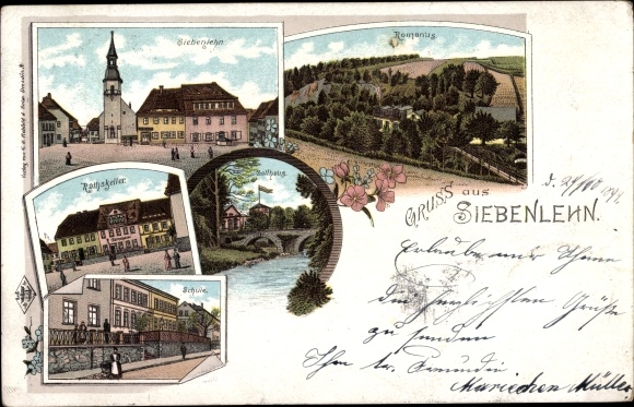 Chromo-Litho Siebenlehn Großschirma in Saxony, Romanus, Ratskeller, school, customs house