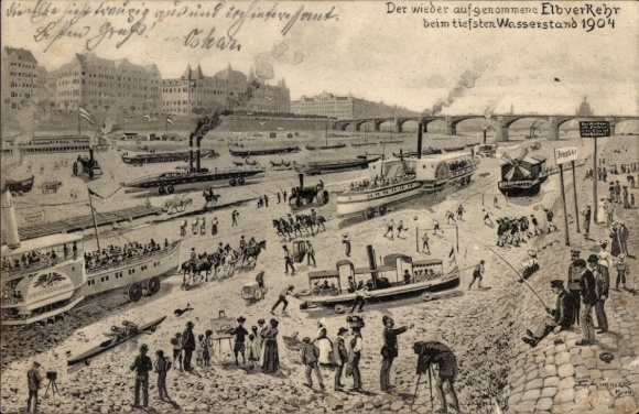 Artist PC Dresden, resumption of shipping traffic on the Elbe, lowest water level in 1904