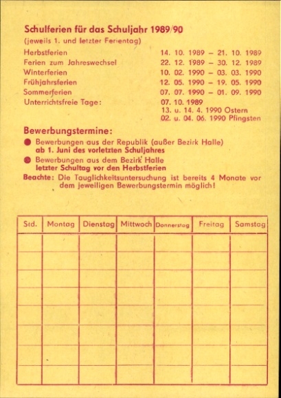 Timetable GDR VEB Industriemontagen Merseburg, school holidays 1989/1990