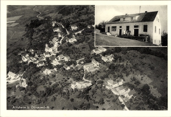 Postcard Altisheim Kaisheim in Swabia Bavaria, aerial photograph, Otto Siebert dairy and colonial goods