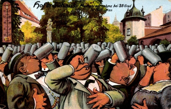 KP artystyczna Monachium, Bawaria, Hofbräuhaus przy 35 stopniach, pijący piwo, termometr