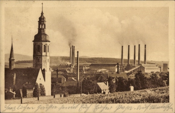 Postcard Hirschfelde Zittau in Saxony, large power plant, church