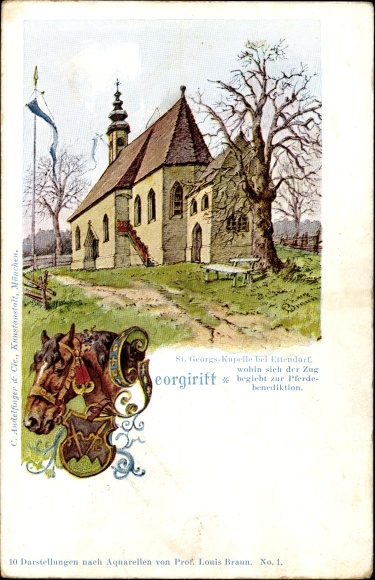 Wappen Künstler Ak Braun, Ettendorf Surberg Oberbayern, Georgiritt, Kirche