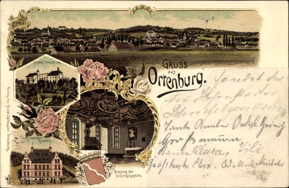 Chromo-Litho Ortenburg in Lower Bavaria, castle, interior of the castle chapel, confirmation institution, long shot