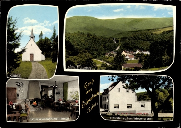 Postcard Eichenbach in the Eifel, Gaststätte Pension Zum Wiesengrund, panorama, chapel