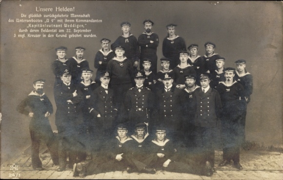 Ak Mannschaft des Unterseebootes U9, Kapitänleutnant Weddigen, Gruppenbild