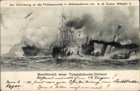 Postcard German warships, fleet parade in Wilhelmshaven, breakthrough of a torpedo boat division