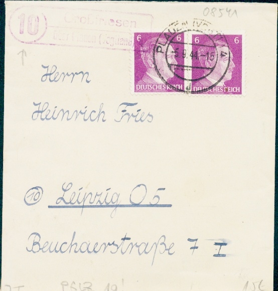 (10) Großfriesen via Plauen Vogtland 4/j/5.09.1944 op cover met 2 x 6Pf Hitler