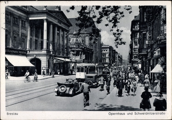 Postcard Wrocław Breslau Schlesien, Opernhaus and Schweidnitzer Straße, tram