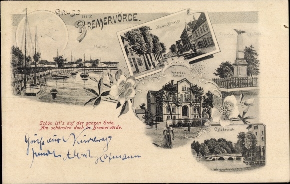 Chromo-Litho Bremervörde in Lower Saxony, harbour, Neue Straße, farming school, war memorial, Ostebrücke