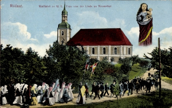 Ak Rosenthal Oberlausitz, bedevaart naar UL Frau von der Linde, wonderbaarlijk beeld, kerk
