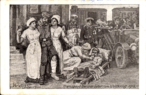 Artist Postcard Strieffler, transport of the wounded in World War 1914, German Red Cross, WWI
