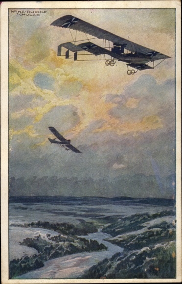 Artists Postcard Schulze, Hans Rudolf, military biplane on an exploratory trip over the Argonne Forest