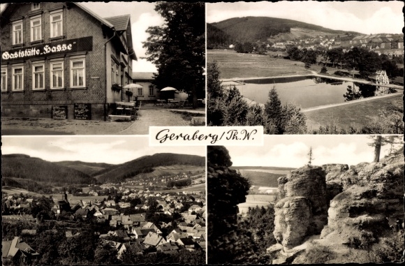 Postcard Geraberg in Thuringia, Hasse restaurant, view of the town and surroundings, outdoor pool, rocky outcrop