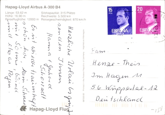 Postcard passenger aircraft of Hapag Lloyd, Airbus A 300 B 4