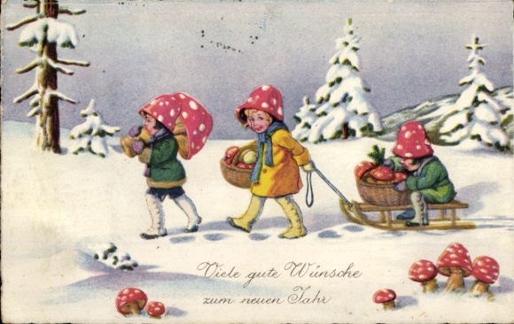 Postcard Happy New Year, sleigh, children, toadstools
