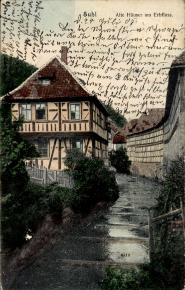 Postcard Suhl in Thuringia, old half-timbered houses, river, idyllic landscape, lettering on the map